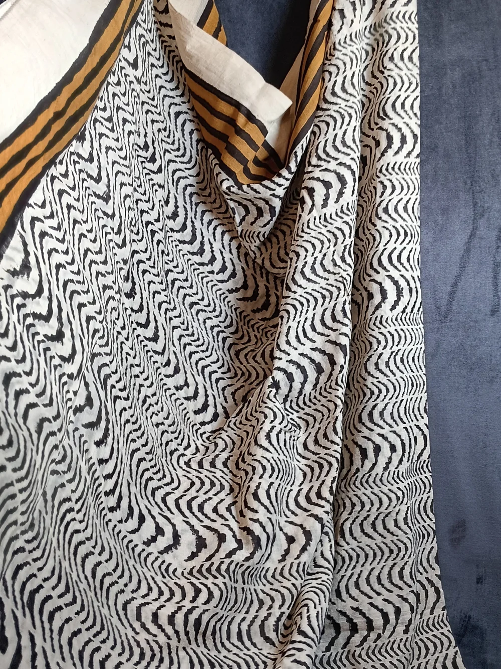 Striped & Zebra Print Lightweight Scarf in White, Black, Mustard. Cotton. Long